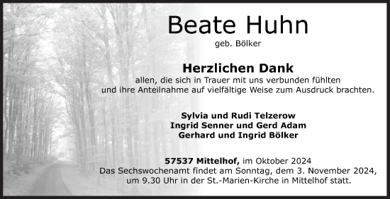 Traueranzeige von Beate Huhn von Siegener Zeitung