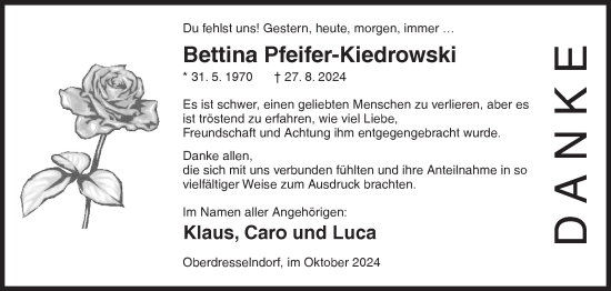 Traueranzeige von Bettina Pfeifer-Kiedrowski von Siegener Zeitung