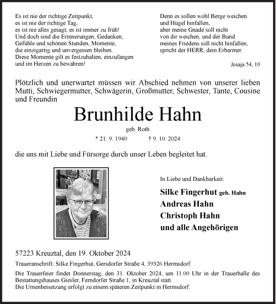 Traueranzeige von Brunhilde Hahn von Siegener Zeitung