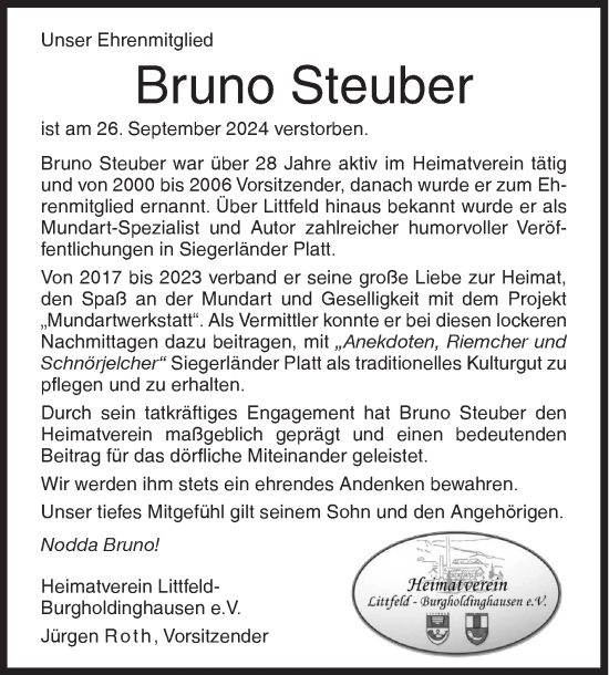 Traueranzeige von Bruno Steuber von Siegener Zeitung
