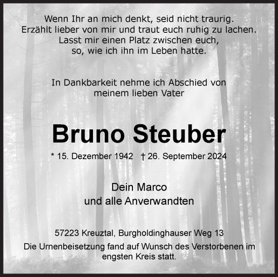 Traueranzeige von Bruno Steuber von Siegener Zeitung