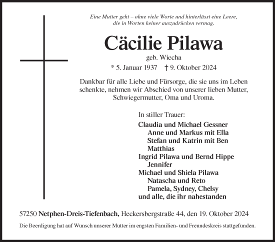 Traueranzeige von Cäcilie Pilawa von Siegener Zeitung