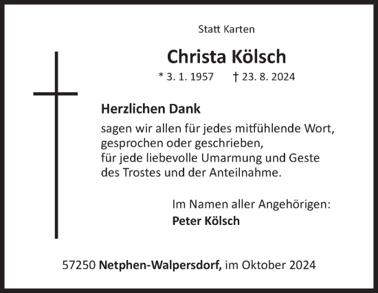 Traueranzeige von Christa Kölsch von Siegener Zeitung