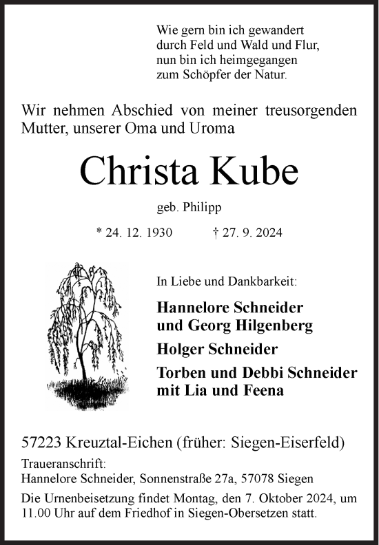 Traueranzeige von Christa Kube von Siegener Zeitung