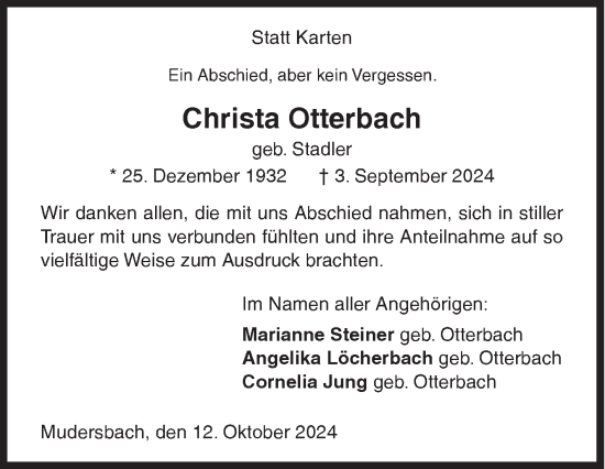 Traueranzeige von Christa Otterbach von Siegener Zeitung