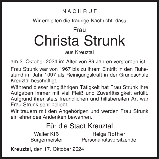 Traueranzeige von Christa Strunk von Siegener Zeitung