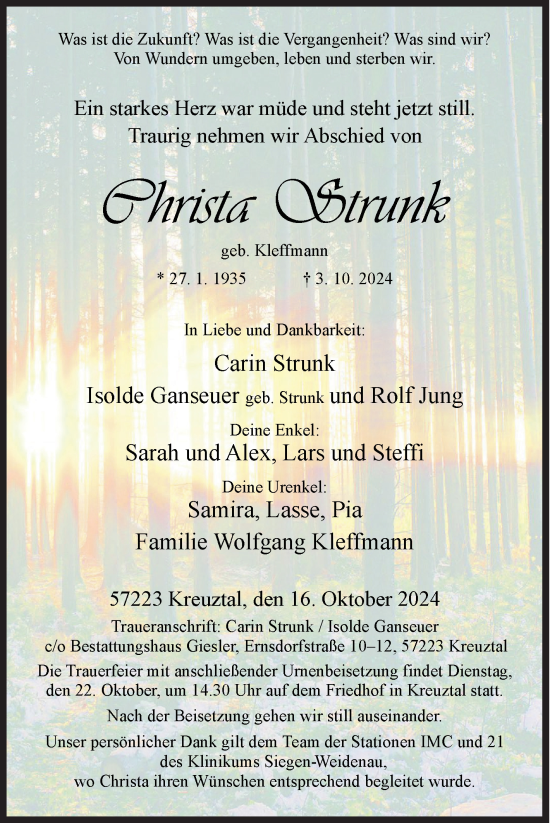 Traueranzeige von Christa Strunk von Siegener Zeitung