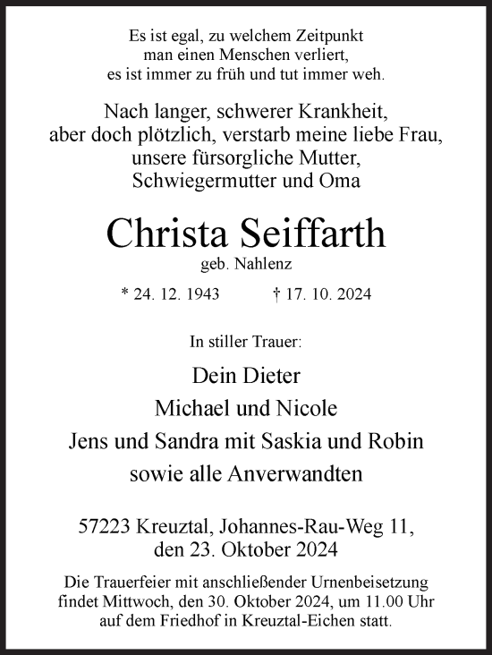 Traueranzeige von Christa Seiffarth Seiffarth von Siegener Zeitung