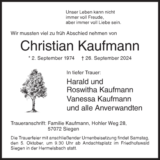 Traueranzeige von Christian Kaufmann von Siegener Zeitung