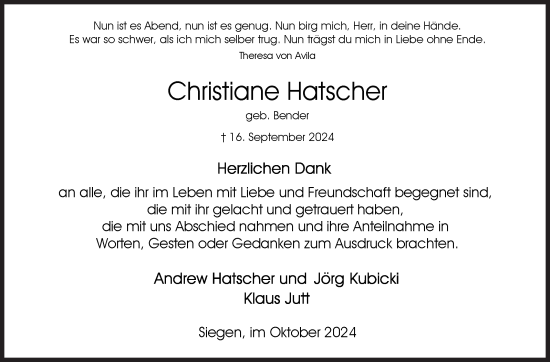Traueranzeige von Christiane Hatscher von Siegener Zeitung