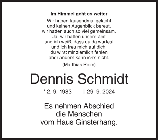 Traueranzeige von Dennis Schmidt von Siegener Zeitung