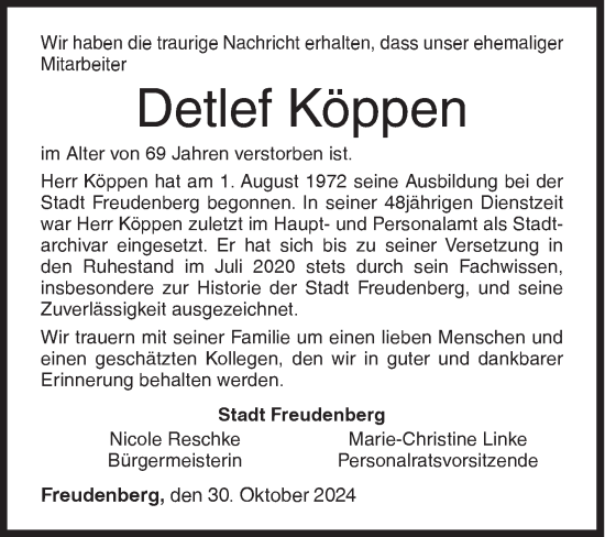 Traueranzeige von Detlef Köppen von Siegener Zeitung