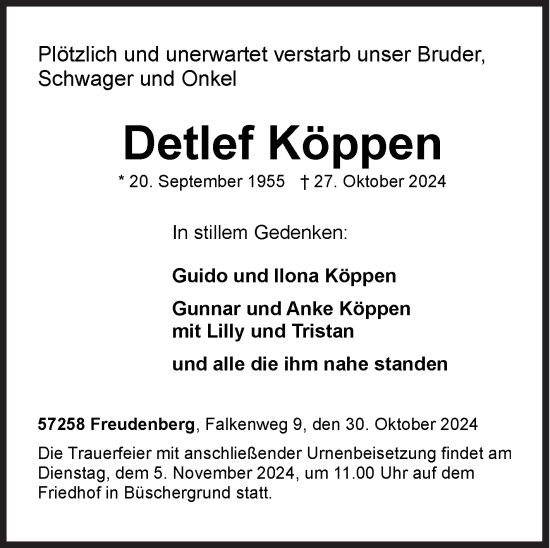 Traueranzeige von Detlef Köppen von Siegener Zeitung