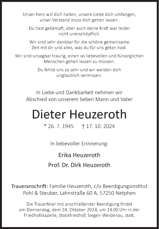Traueranzeige von Dieter Heuzeroth von Siegener Zeitung