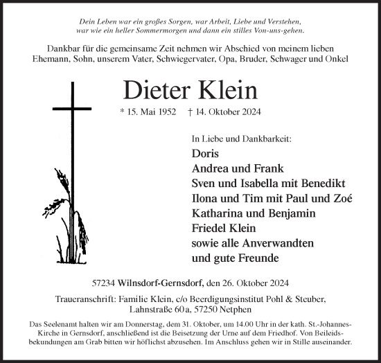 Traueranzeige von Dieter Klein von Siegener Zeitung