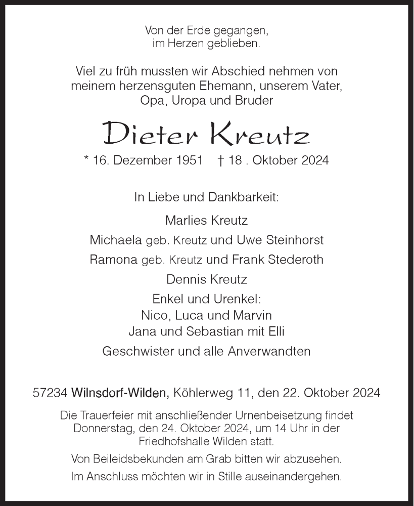 Traueranzeige für Dieter Kreutz vom 22.10.2024 aus Siegener Zeitung
