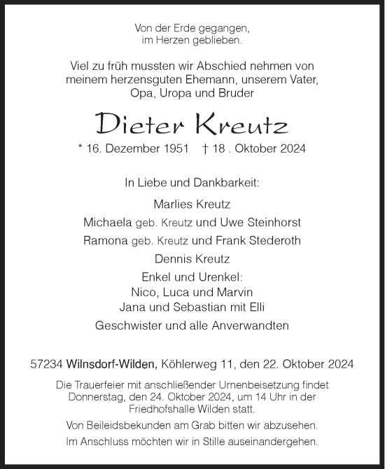 Traueranzeige von Dieter Kreutz von Siegener Zeitung