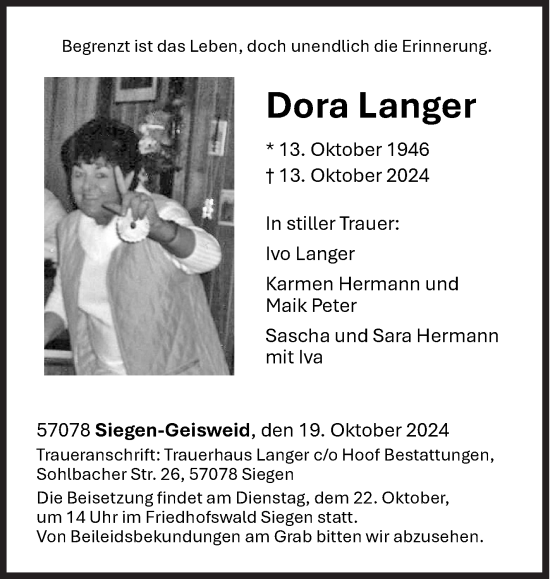 Traueranzeige von Dora Langer von Siegener Zeitung