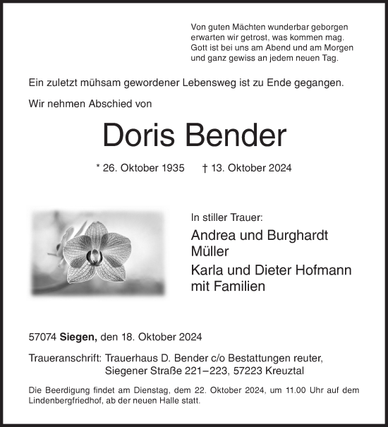 Traueranzeige von Doris Bender von Siegener Zeitung