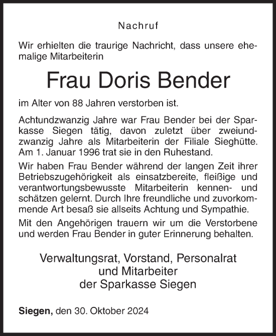 Traueranzeige von Doris Bender von Siegener Zeitung