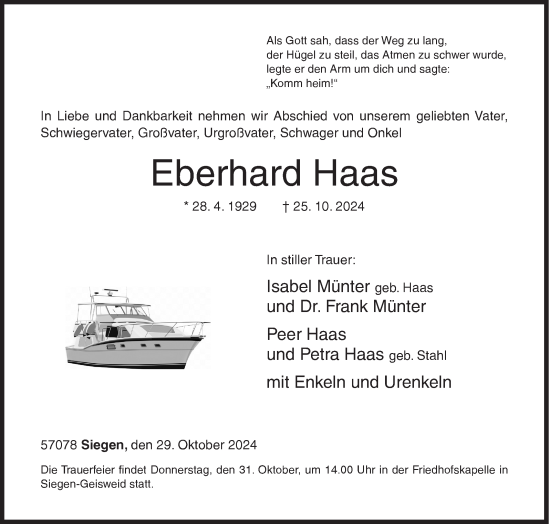 Traueranzeige von Eberhard Haas von Siegener Zeitung