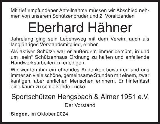 Traueranzeige von Eberhard Hähner von Siegener Zeitung