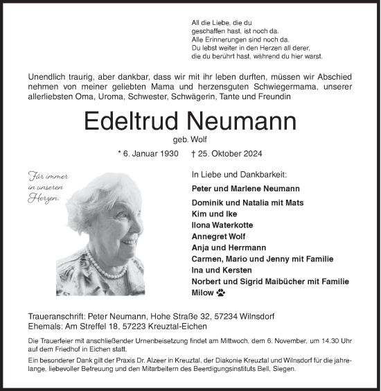 Traueranzeige von Edeltrud Neumann von Siegener Zeitung