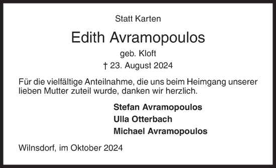 Traueranzeige von Edith Avramopoulos von Siegener Zeitung