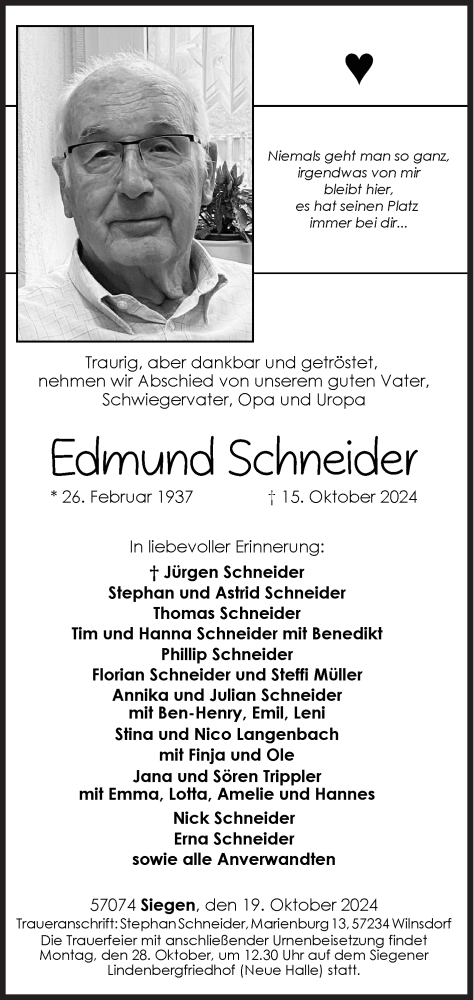 Traueranzeige von Edmund Schneider von Siegener Zeitung