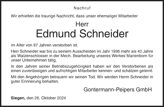 Traueranzeige von Edmund Schneider von Siegener Zeitung
