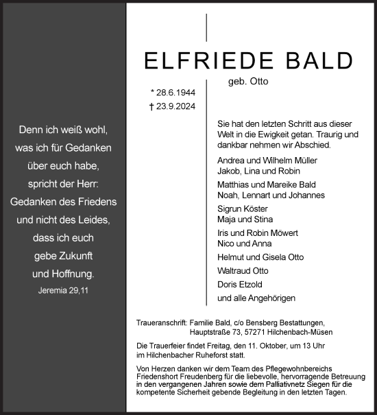 Traueranzeige von Elfriede Bald von Siegener Zeitung