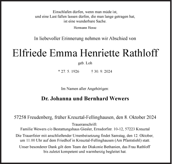 Traueranzeige von Elfriede Emma Henriette Rathloff von Siegener Zeitung
