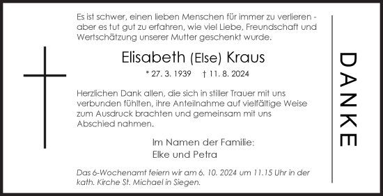 Traueranzeige von Elisabeth Kraus von Siegener Zeitung