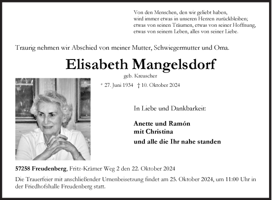 Traueranzeige von Elisabeth Mangelsdorf von Siegener Zeitung
