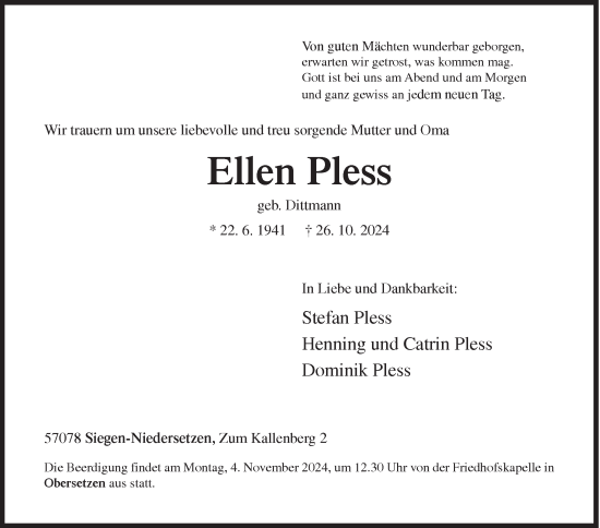 Traueranzeige von Ellen Pless von Siegener Zeitung