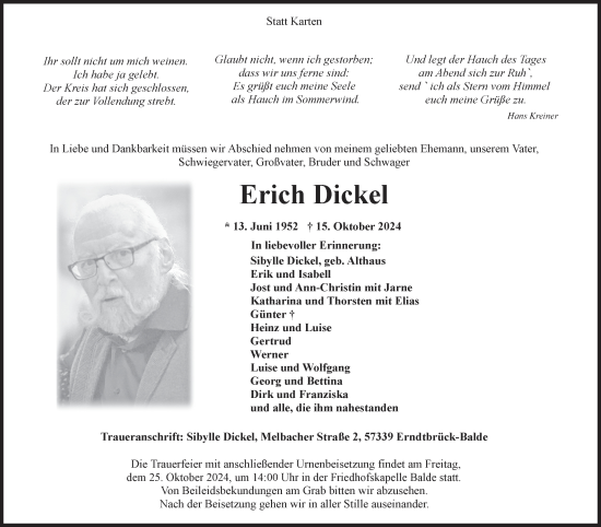 Traueranzeige von Erich Dickel von Siegener Zeitung