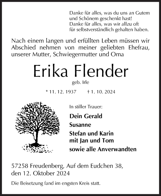 Traueranzeige von Erika Flender von Siegener Zeitung