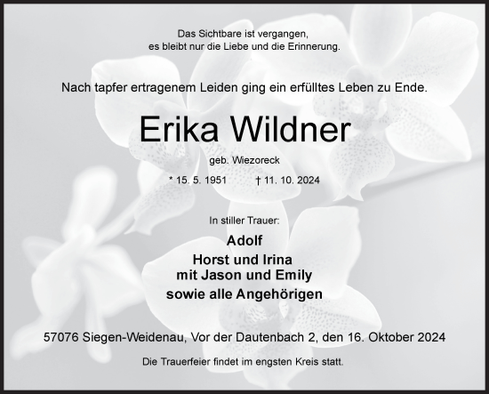 Traueranzeige von Erika Wildner von Siegener Zeitung