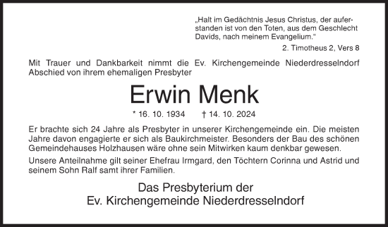 Traueranzeige von Erwin Menk von Siegener Zeitung