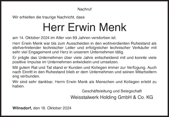 Traueranzeige von Erwin Menk von Siegener Zeitung