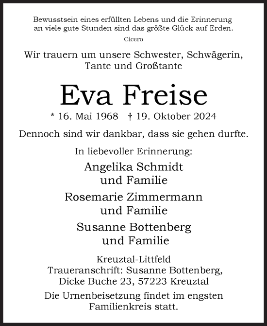 Traueranzeige von Eva Freise von Siegener Zeitung