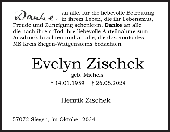 Traueranzeige von Evelyn Zischek von Siegener Zeitung
