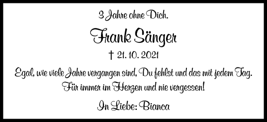Traueranzeige von Frank Sänger von Siegener Zeitung