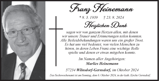 Traueranzeige von Franz Heinemann von Siegener Zeitung