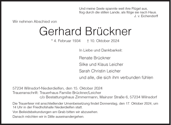 Traueranzeige von Gerhard Brückner von Siegener Zeitung