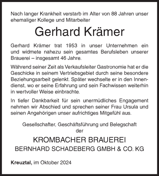 Traueranzeige von Gerhard Krämer von Siegener Zeitung
