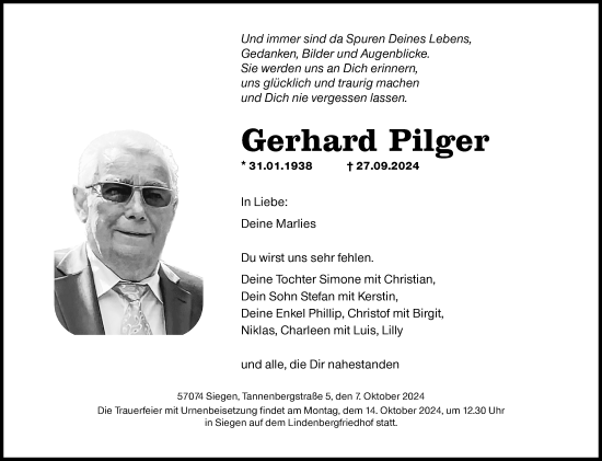 Traueranzeige von Gerhard Pilger von Siegener Zeitung