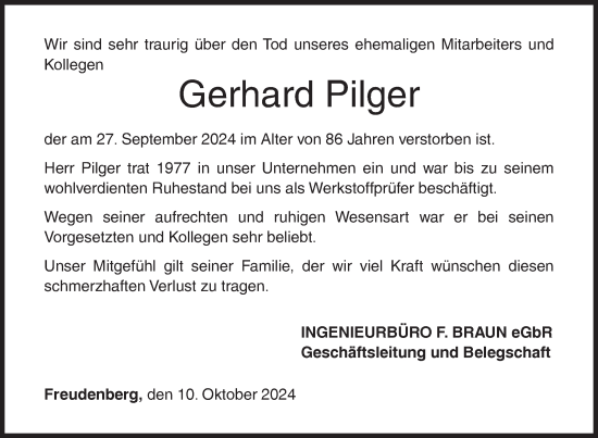 Traueranzeige von Gerhard Pilger von Siegener Zeitung