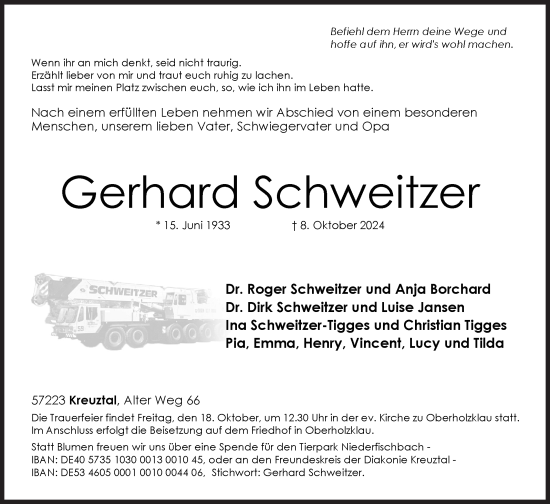 Traueranzeige von Gerhard Schweitzer von Siegener Zeitung