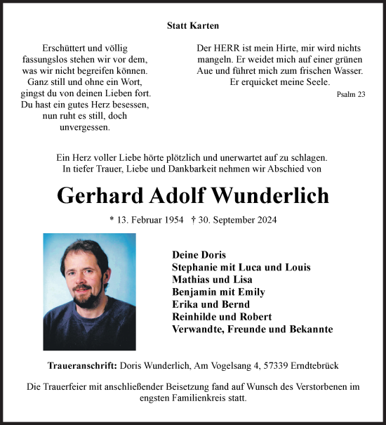 Traueranzeige von Gerhard Adolf Wunderlich von Siegener Zeitung